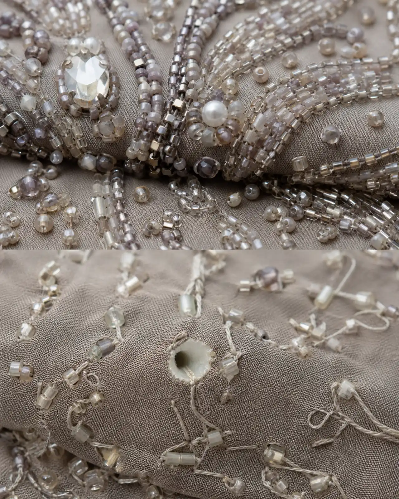 Macro shot of the beadwork from the face and from the reverse, showing how beads and stones are anchored to the fabric