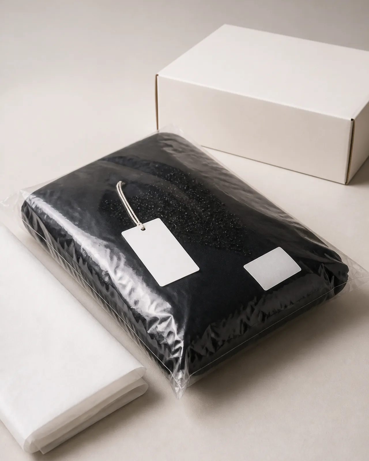 Packed beaded abaya with the decorated area wrapped and cushioned inside the poly bag, label and tag visible