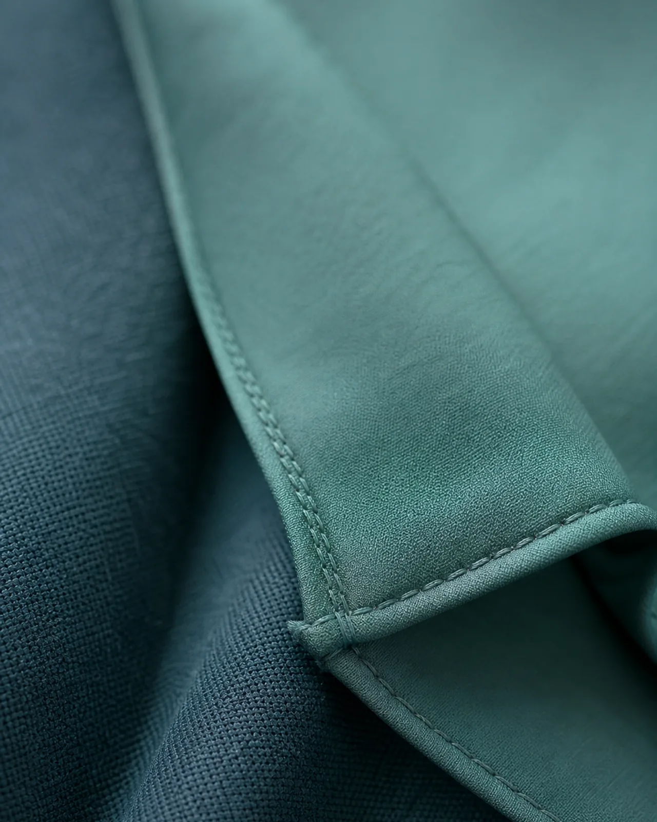 Edge finishing close-up showing the stitched hem, corner treatment and stitch line along the chiffon edge