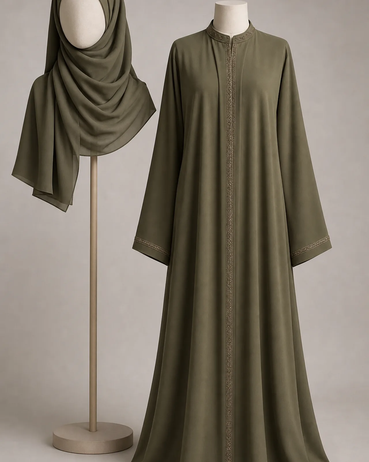 Front view of the chiffon hijab styled on a head form, showing the light drape and how the fabric folds at the shoulder
