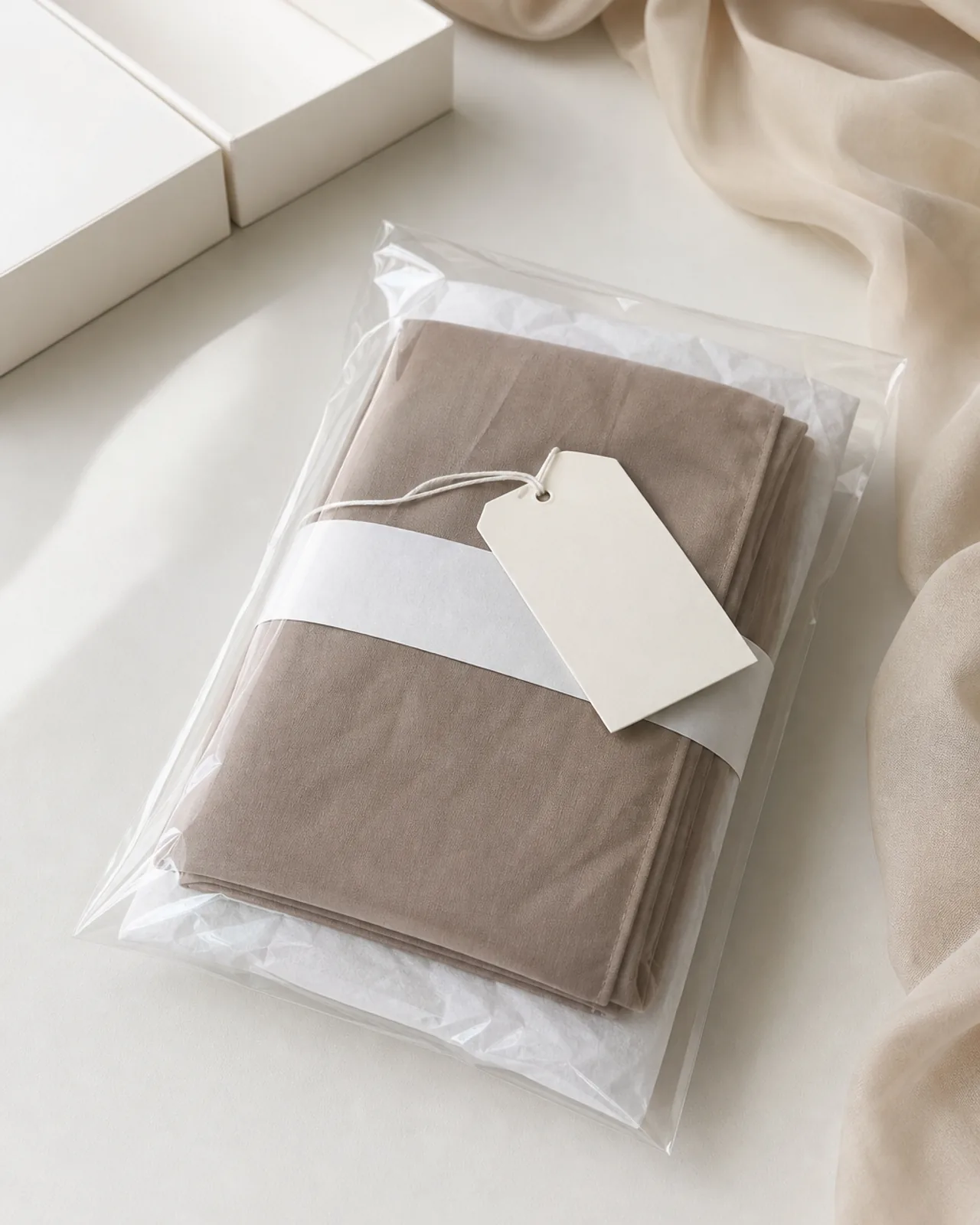 Packed chiffon hijab folded flat with tissue in a poly bag, label and hang tag visible