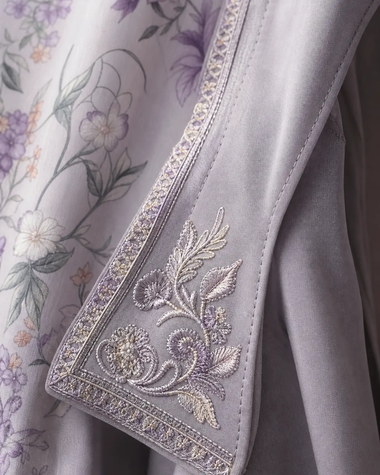 Detail of a printed or embellished chiffon panel, showing print registration or an embroidered corner motif