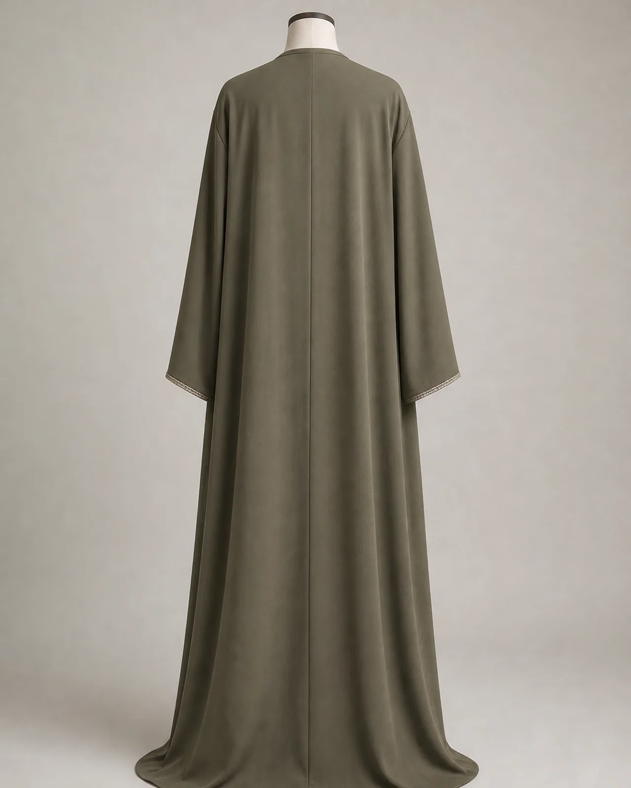 Back view, full length, showing centre back seam, back drape and hem line