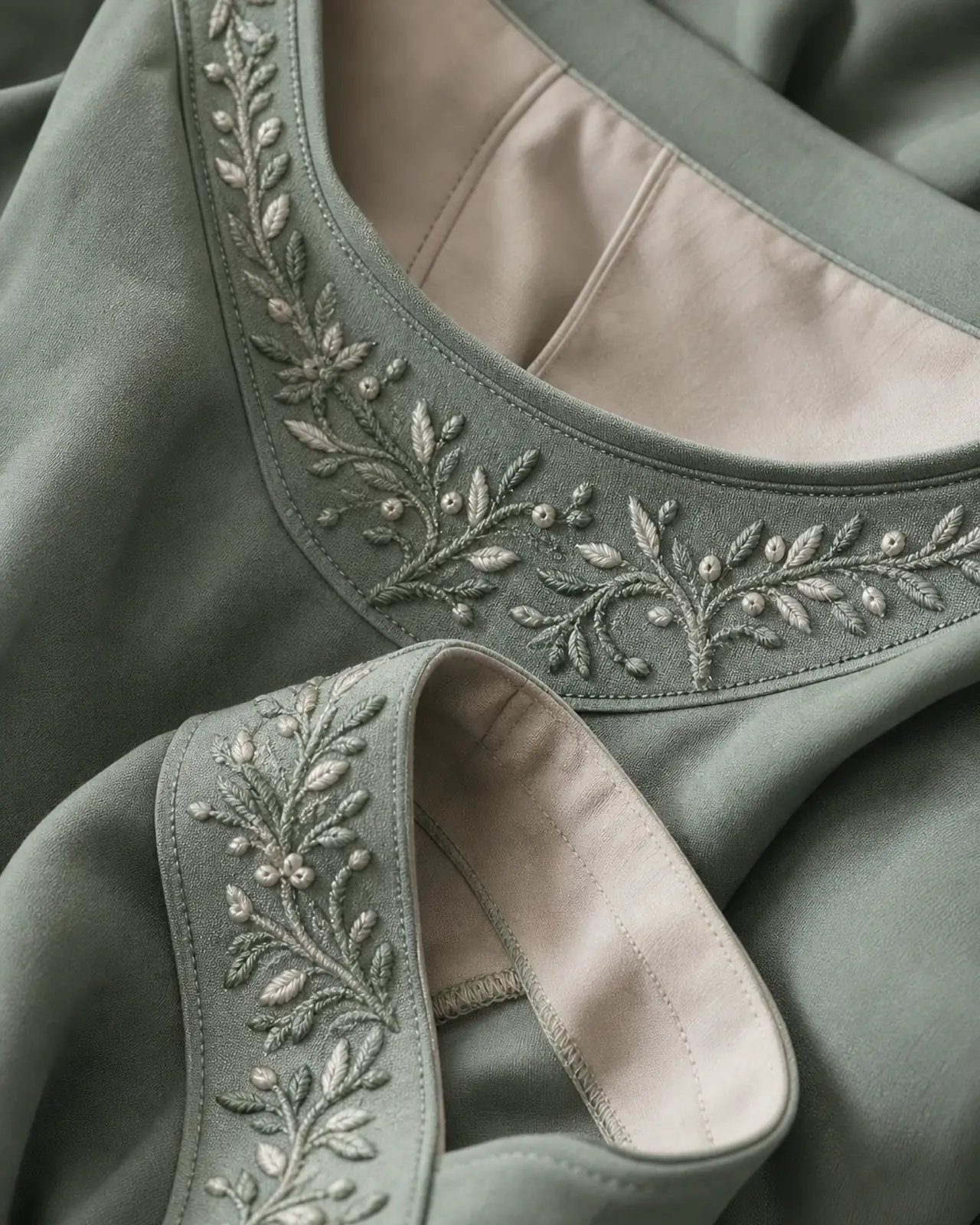 Neckline and cuff detail inside and out, showing where an optional embroidered or beaded motif would be placed