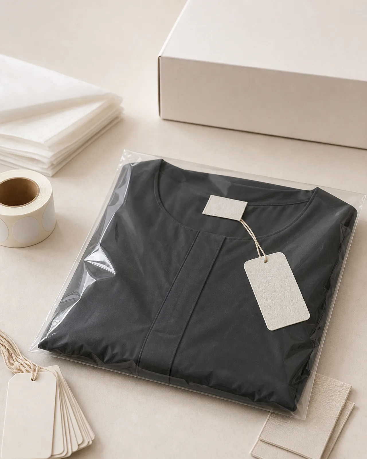 Packed unit: closed abaya folded flat in a poly bag with woven label and hang tag on a packing bench