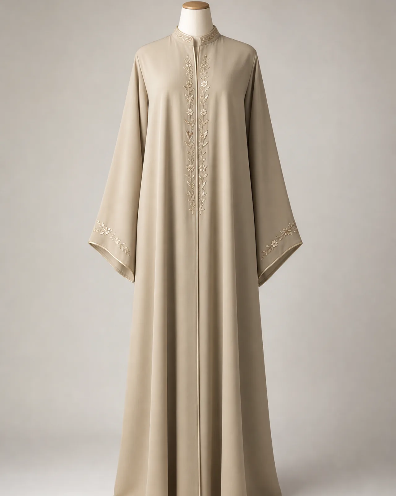 Front view, full length, embroidered abaya worn closed with the front panel motif visible, clean studio background