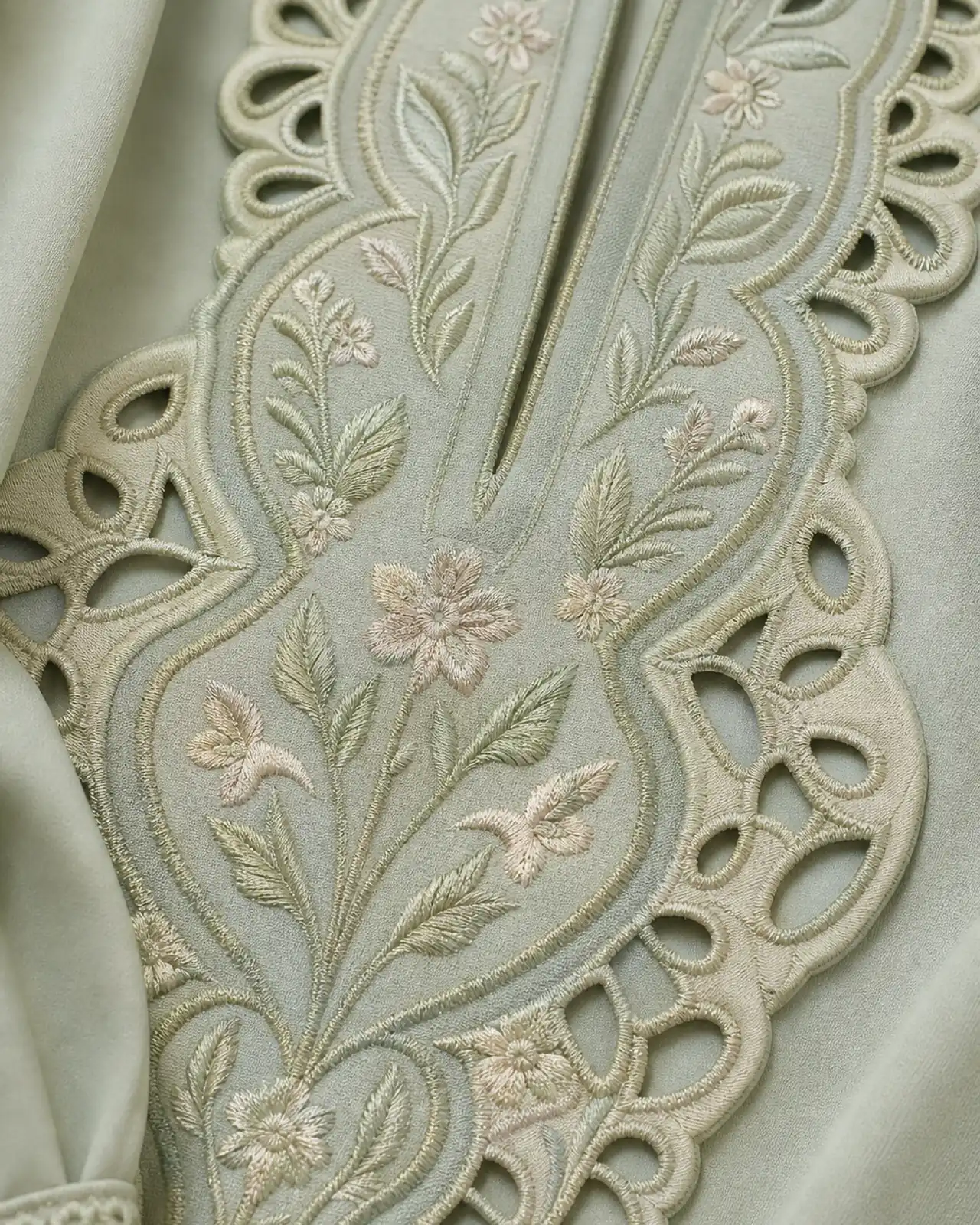 Macro shot of the front panel motif showing satin stitch, outline stitch and any cutwork or appliqué edges