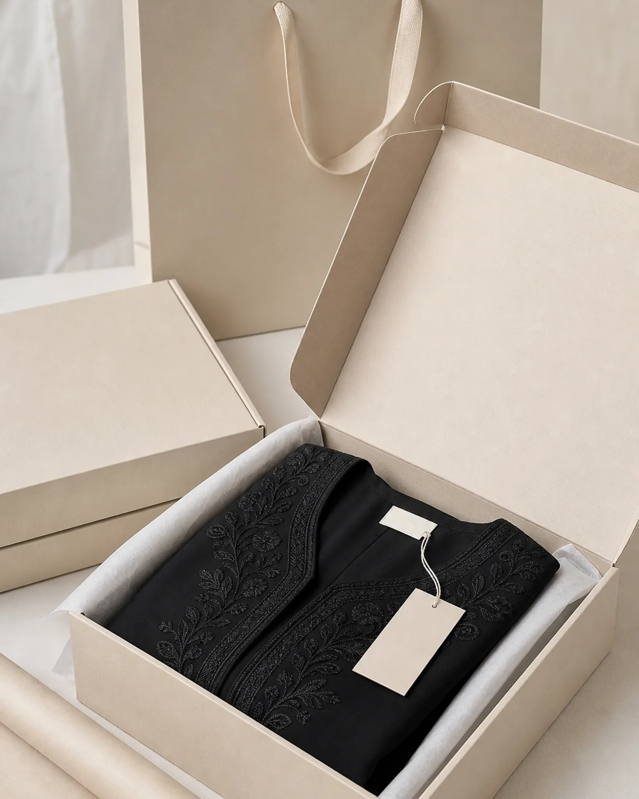 Packed embroidered abaya folded with tissue between the layers to protect the stitching, label and tag visible