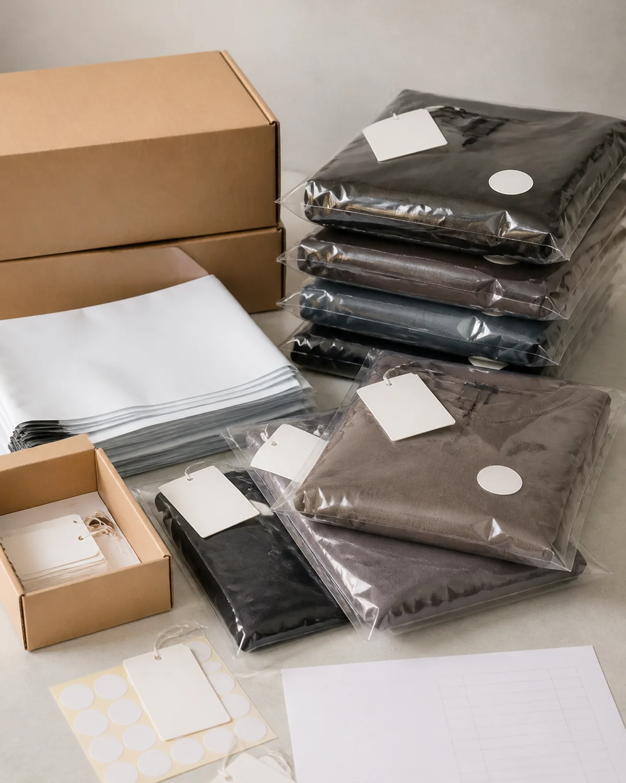 Szene der Serienverpackung: mehrere gefaltete Alltags-Abayas in Polybeuteln, gestapelt mit Größenaufklebern und Packliste