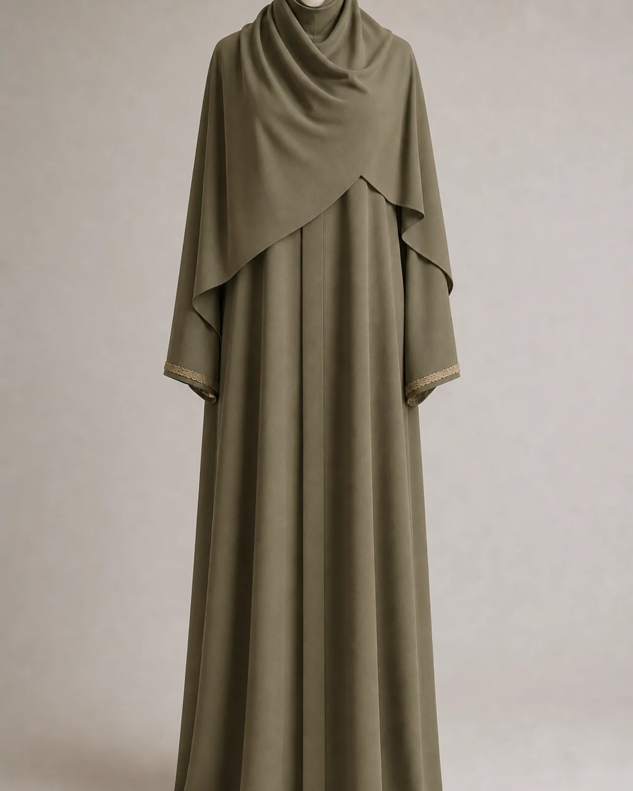 Front view of the instant hijab worn on a head form, showing the finished shape around the face and at the shoulder