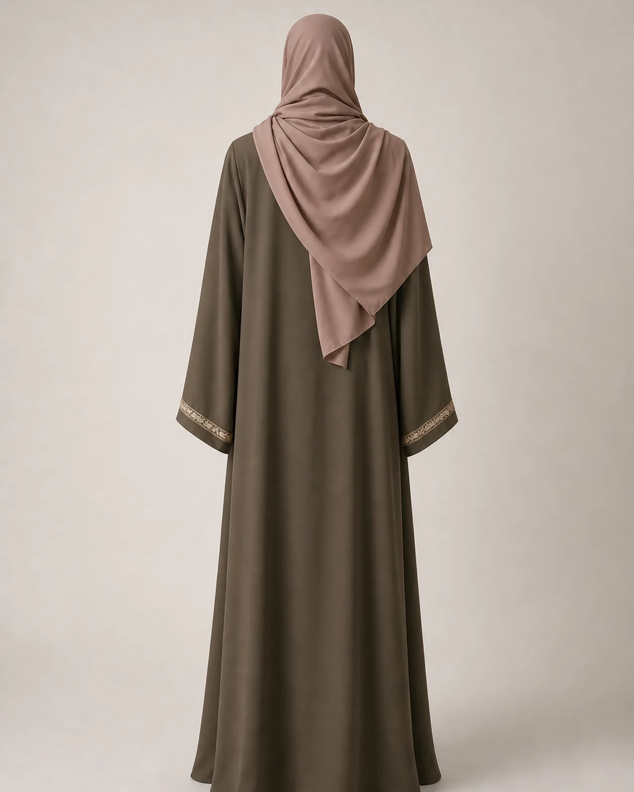 Back view of the styled hijab, showing the drape at the back of the head and how the fabric ends at the shoulder