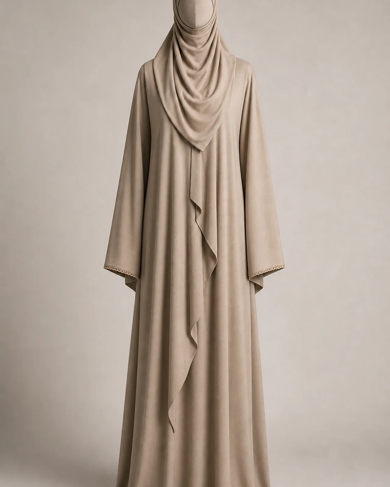 Front view of the jersey hijab styled on a head form, showing how the knit moulds to the head without pins