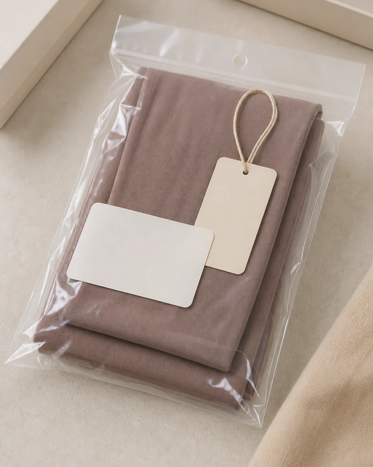 Packed jersey hijab folded flat in a poly bag with label, hang tag and colour information visible