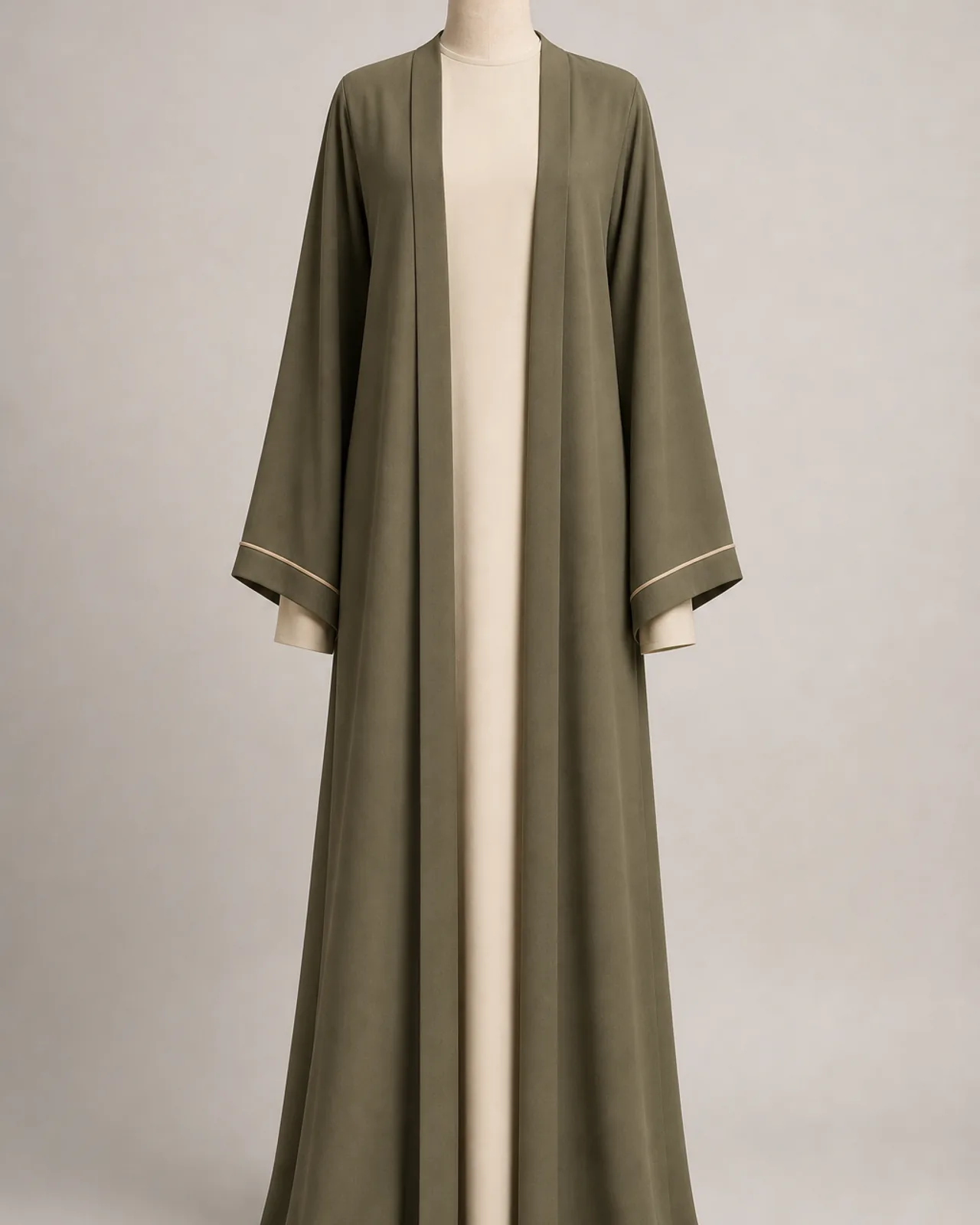 Front view, full length, kimono abaya worn open over a plain inner dress, front edges falling straight and sleeve shape visible
