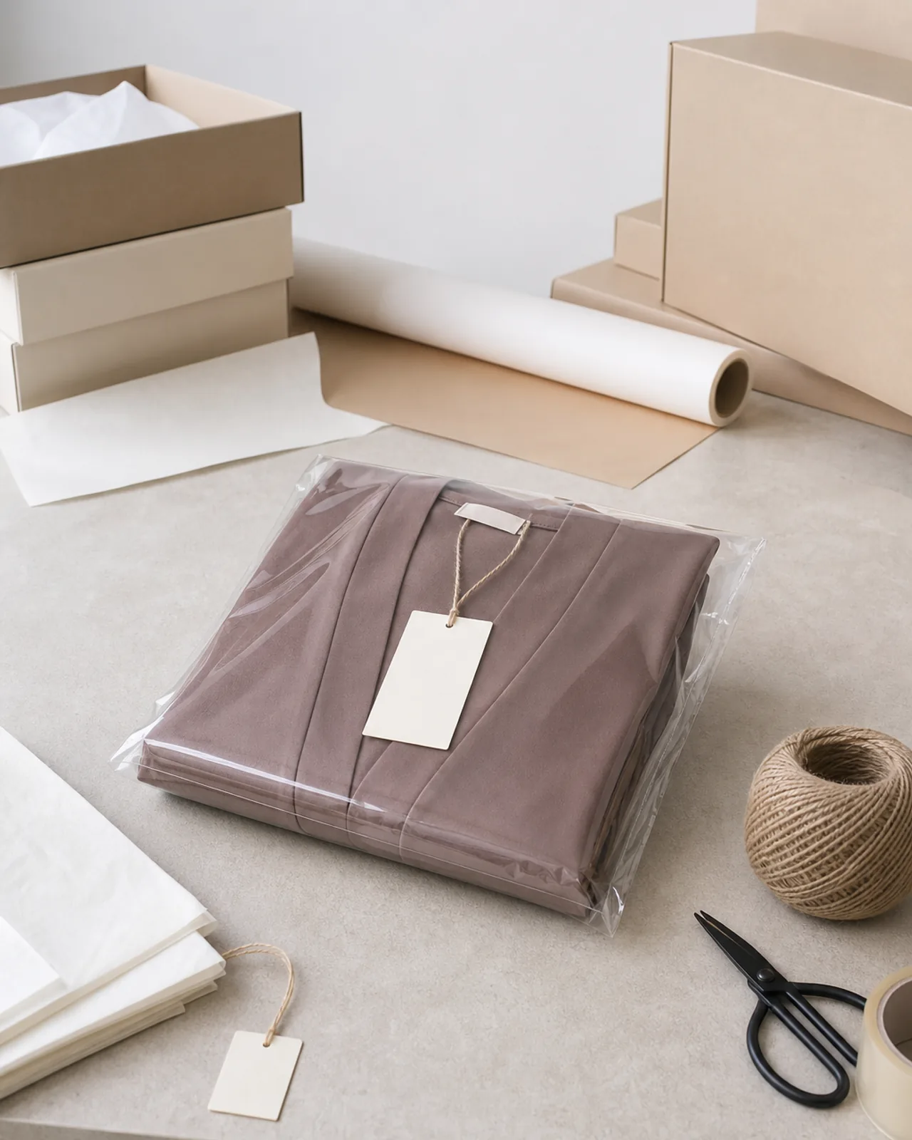 Packed kimono abaya folded with the wide sleeve folded flat, poly bag and hang tag visible on a packing bench