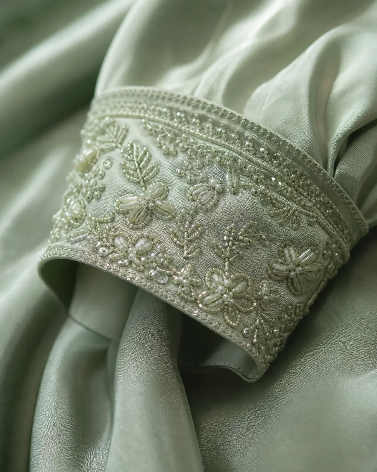Decorative detail close-up: hand-finished embroidery or beading at the cuff, with the satin surface visible around it