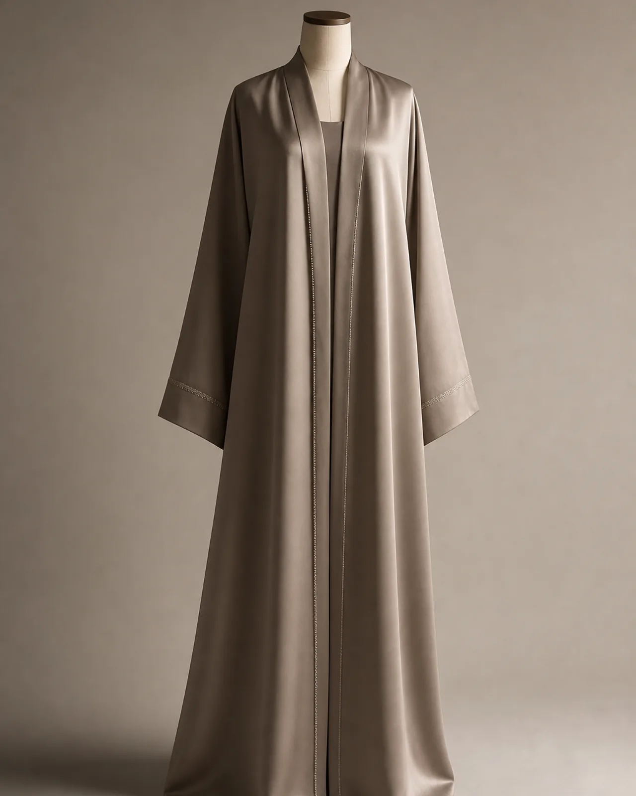 Front view on a model in evening light, full length, satin abaya catching light along the front edge, dark neutral background