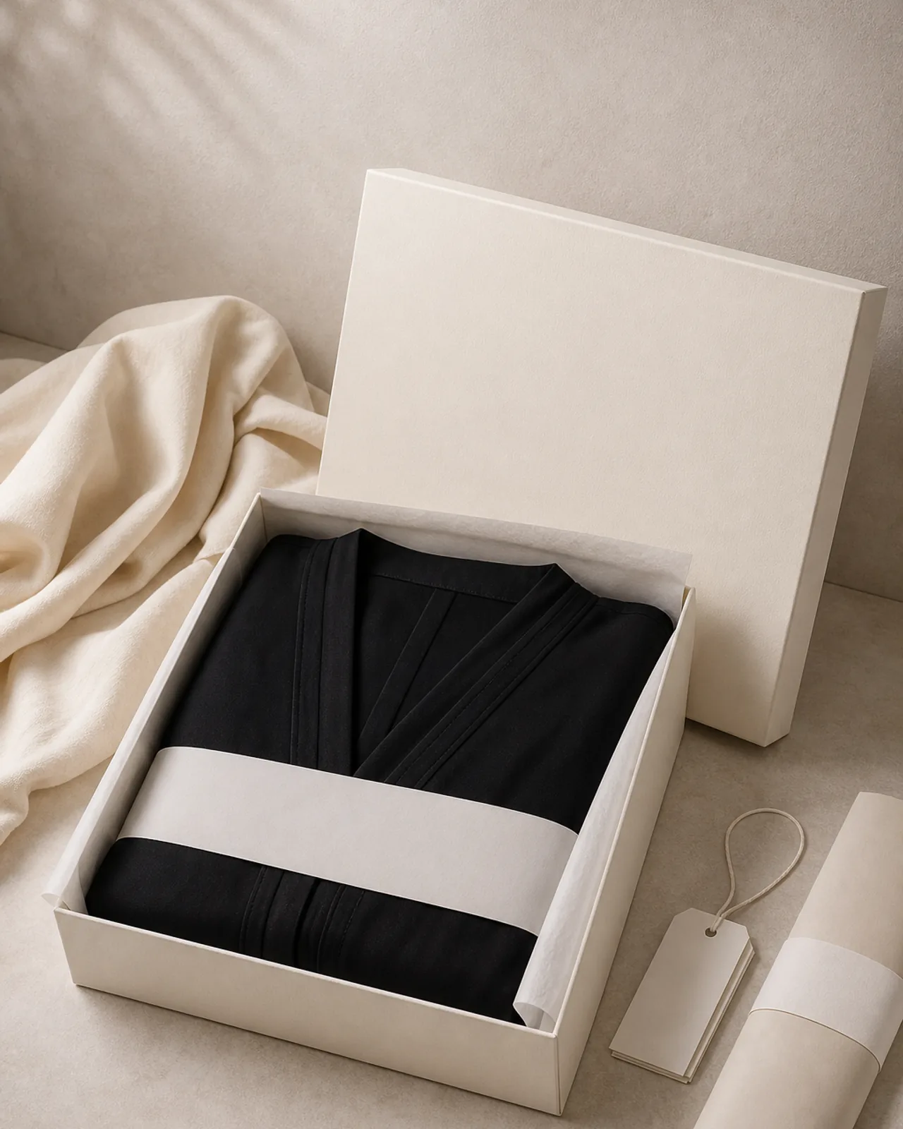 Premium retail packaging: folded abaya in tissue inside a box, with branded label and hang tag beside it