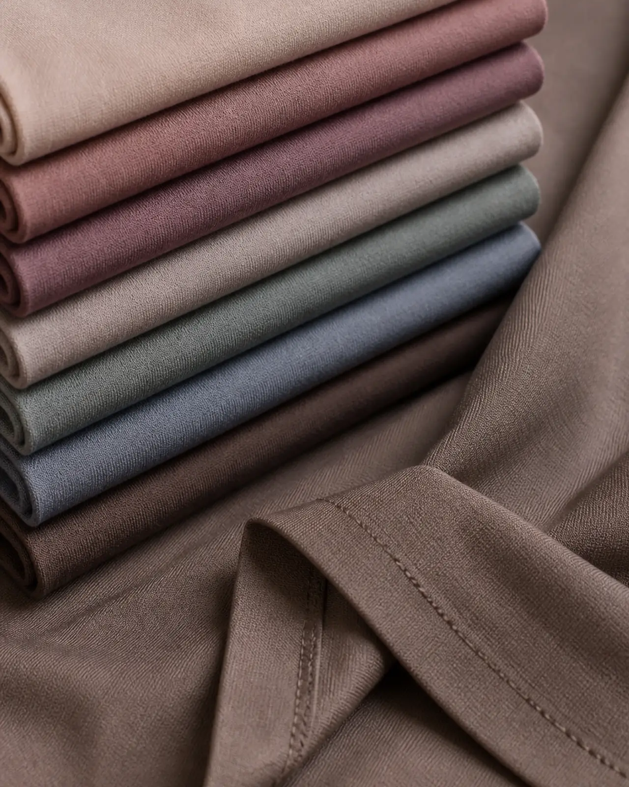 Colour range detail: several folded modal hijabs in the approved shades stacked together to show shade consistency