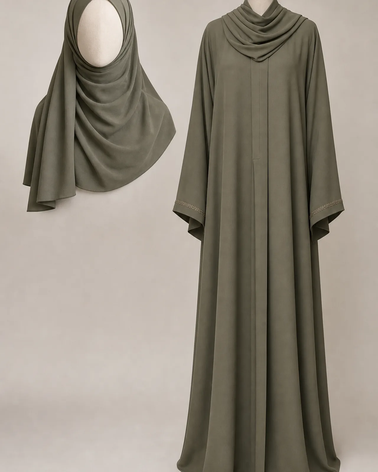 Front view of the hijab styled on a head form, showing drape at the shoulder and how the fabric sits at the forehead