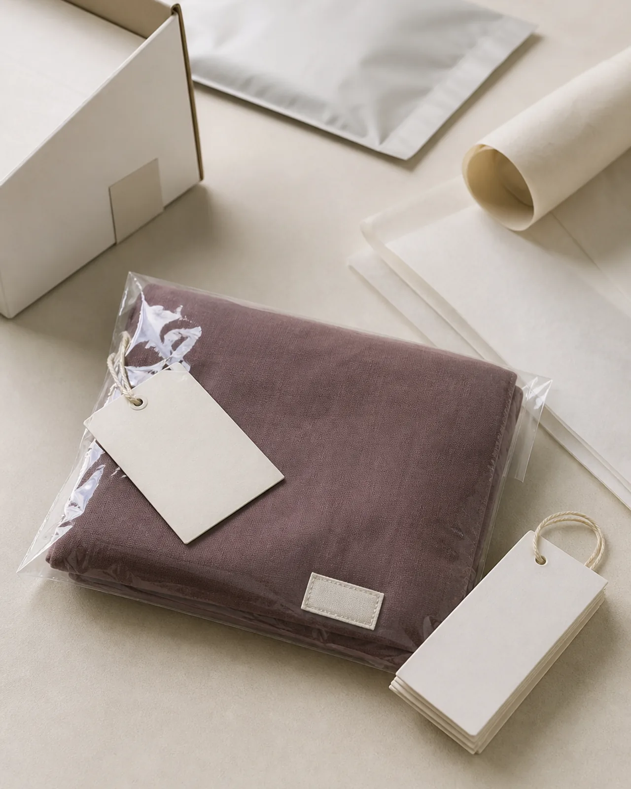 Packing detail: folded modal hijab in a poly bag with woven label, hang tag and size information on the pack