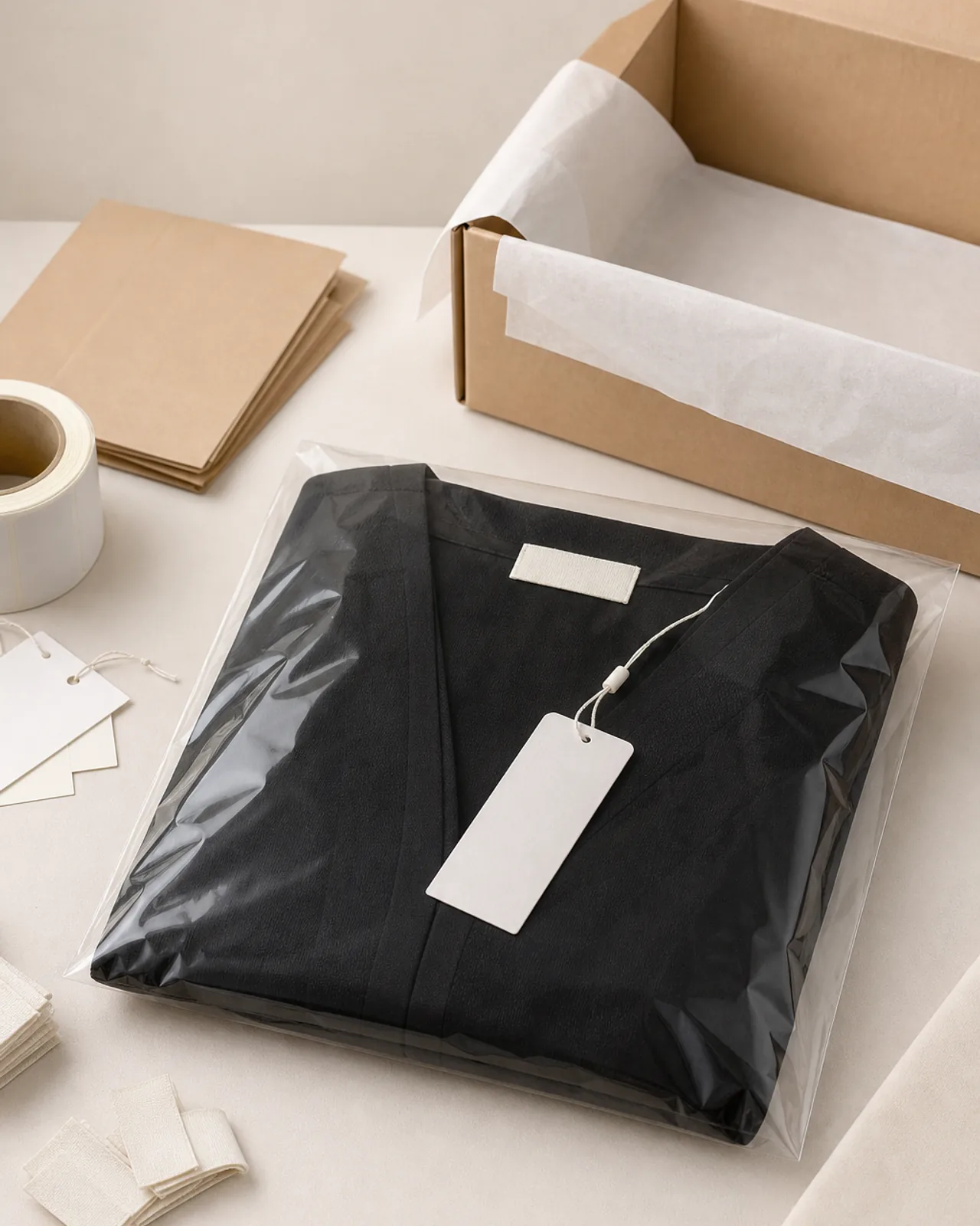 Packed unit on a packing table: abaya folded into a poly bag with woven label and hang tag visible