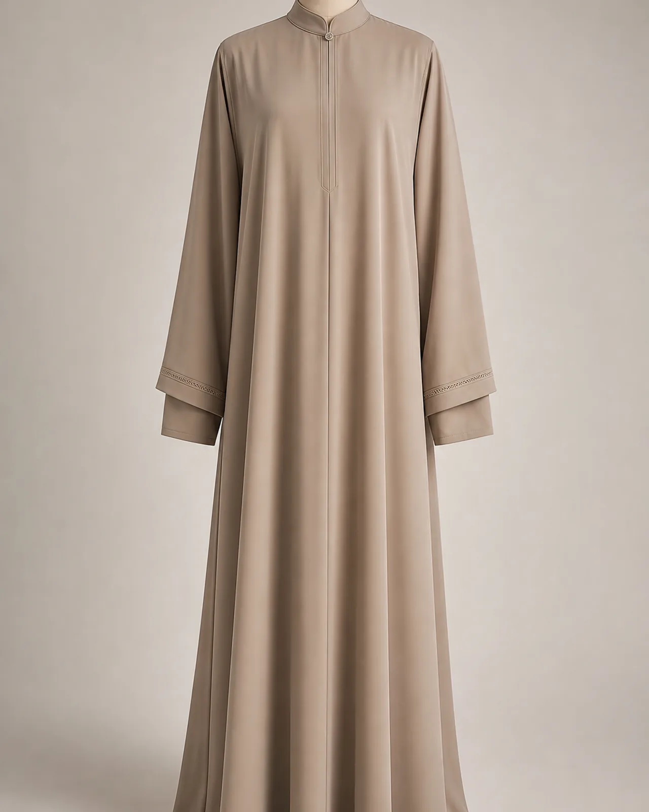 Front view, full length, prayer abaya worn for prayer with full coverage, neutral studio background