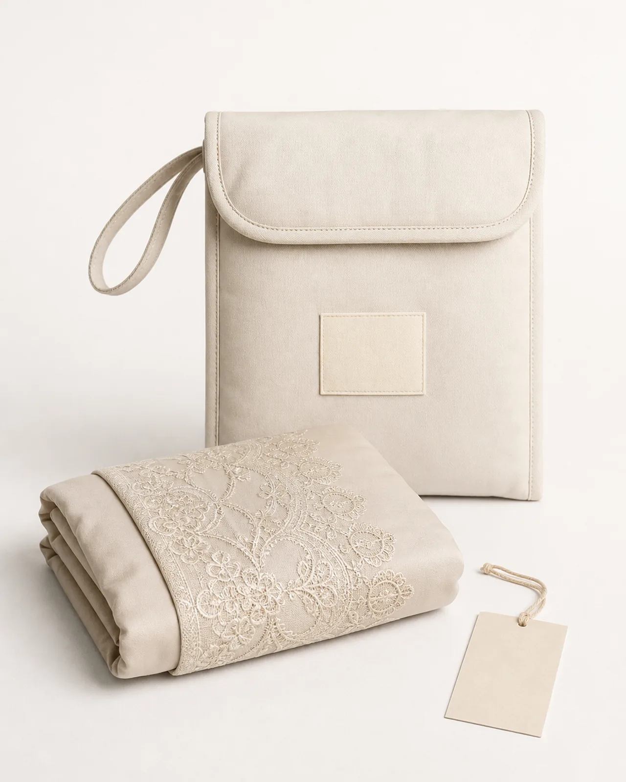 Packed prayer garment folded into its matching carry pouch with a woven label and hang tag beside it