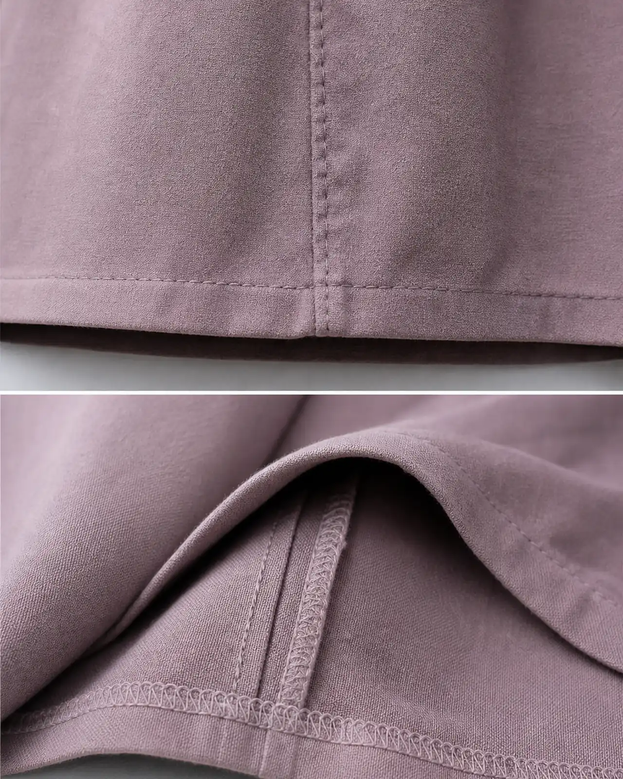 Side seam and hem close-up inside and out, showing seam finish on a garment that is washed often